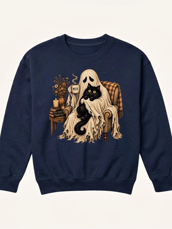 Gildan Tops - Gildan Funny Ghost and Black Cat Sweatshirt Blue, Vintage Style for Unisex
